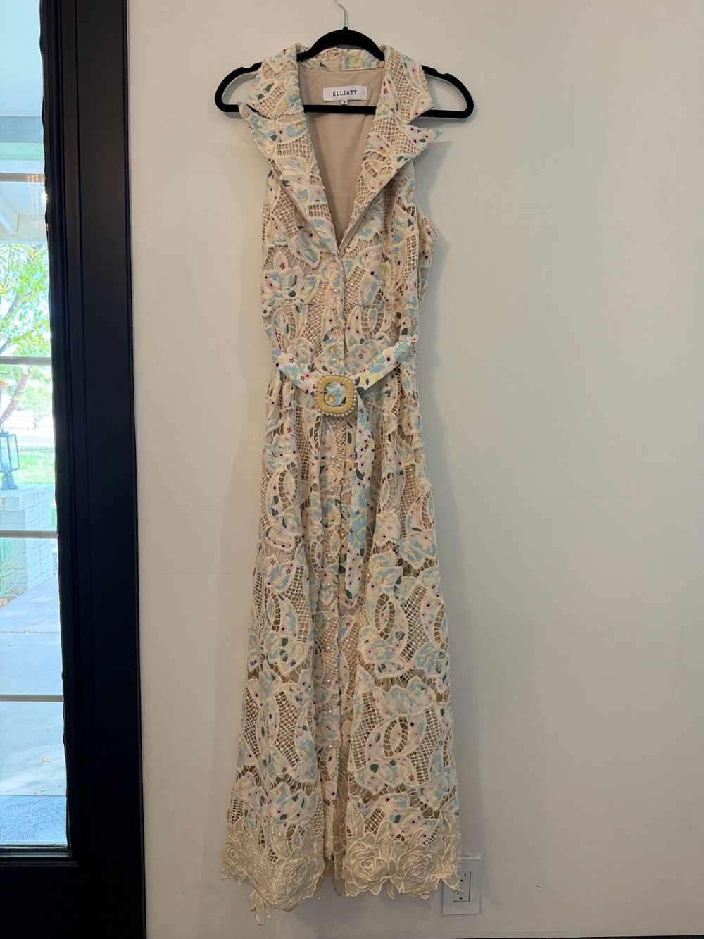 Elliatt Cream Lace Maxi Dress with Pale Blue and Pink Floral Trim